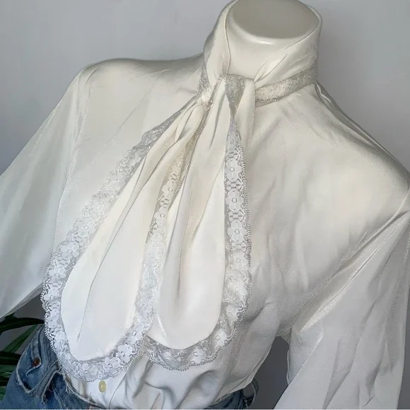 v i n t a g e :: Victorian Lace High Draped Neck Tie Blouse - Picture 8 of 11